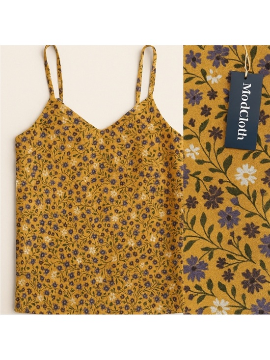 Modcloth Tops - Modcloth Linen Blend Floral Spaghetti Strap Top Gold Purple